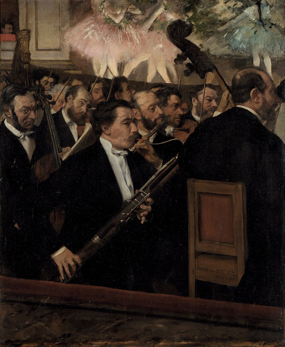 Edgar Degas, The Orchestra at the Opera — musicians in the pit with ballet dancers visible above the stage.